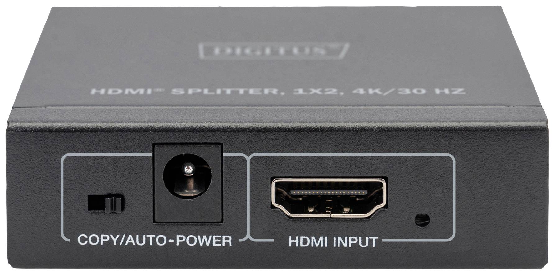 HDMI razdelilnik z enim HDMI vhodom in stikalom za kopiranje/samodejno napajanje. Oznaka prikazuje 'HDMI razdelilnik, 1x2, 4K/30 Hz'.