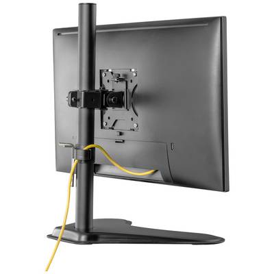 Monitor na višinsko nastavljivi stojnici, pogledan od zadaj. Rumeni kabel je ovit okoli stebra.