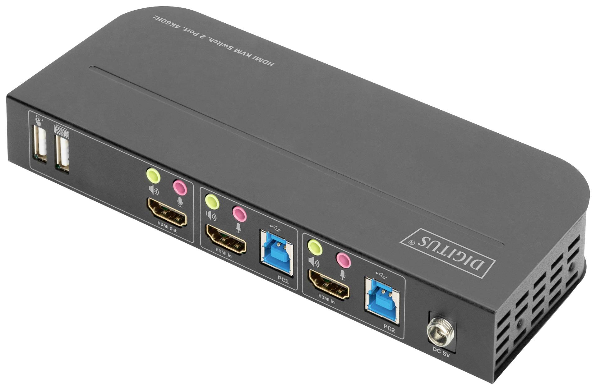 Zunanji KVM stikalo z več HDMI in USB priključki. Oznaka 'Digitus' na zgornji strani. Povezuje različne računalnike z enim monitorjem in perifernimi napravami.