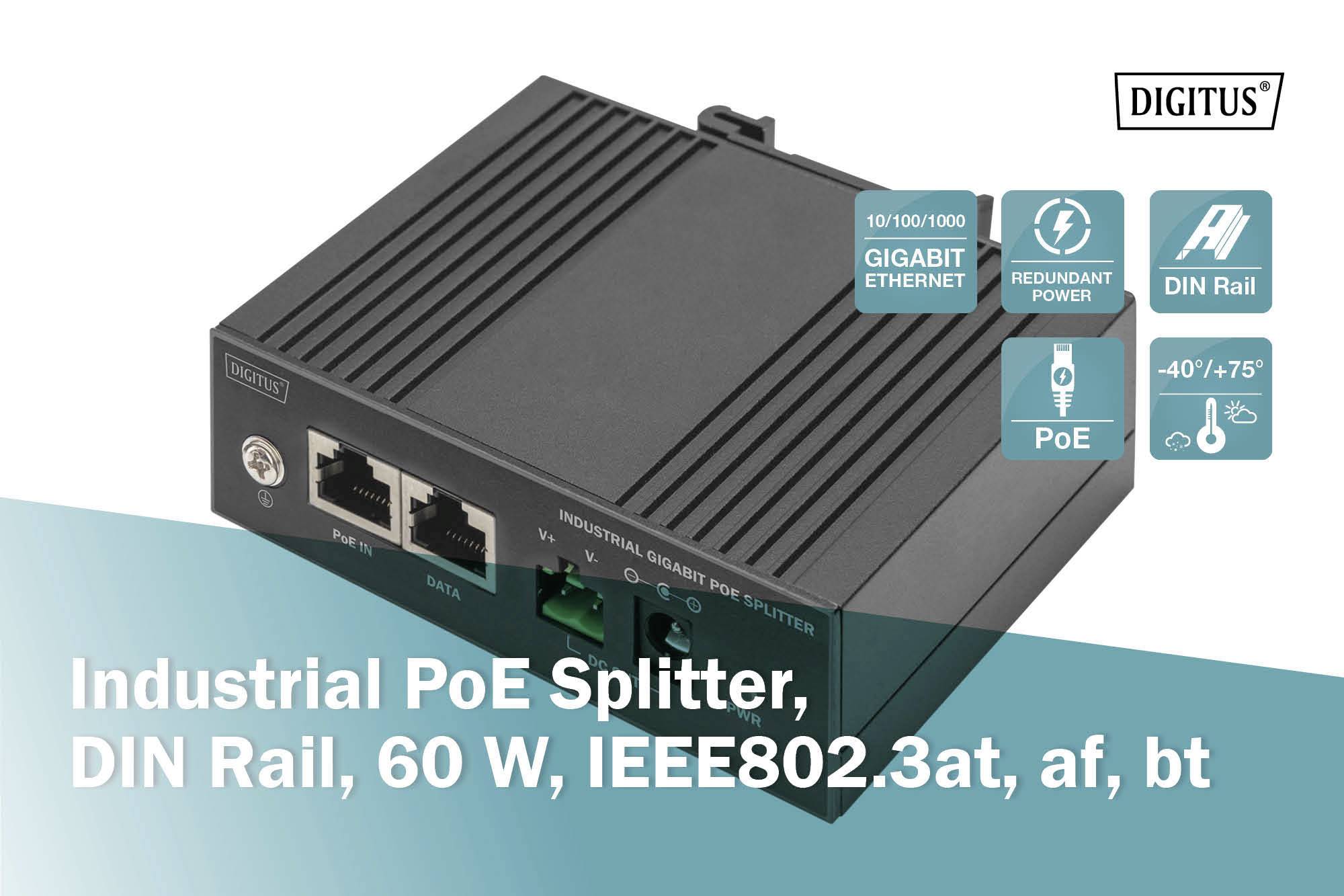 Industrijski PoE-razdelilnik z namestitvijo na DIN letev. Podpira Gigabit Ethernet in redundančno napajanje. Temperaturno območje: -40° do +75°C.
