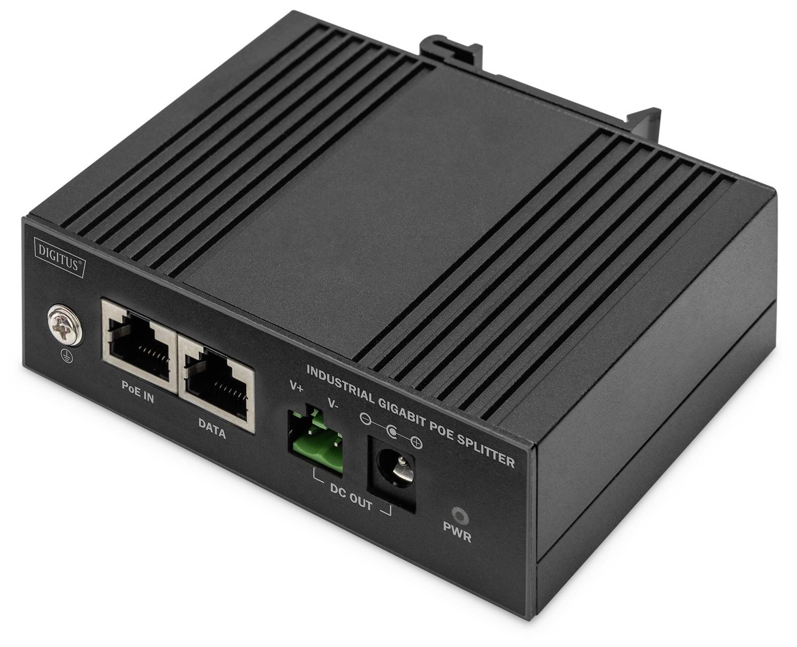 Črni industrijski PoE-razdelilnik z dvema ethernetskima priključkoma, zelenim DC-izhodom in priključkom za napajanje na beli podlagi.