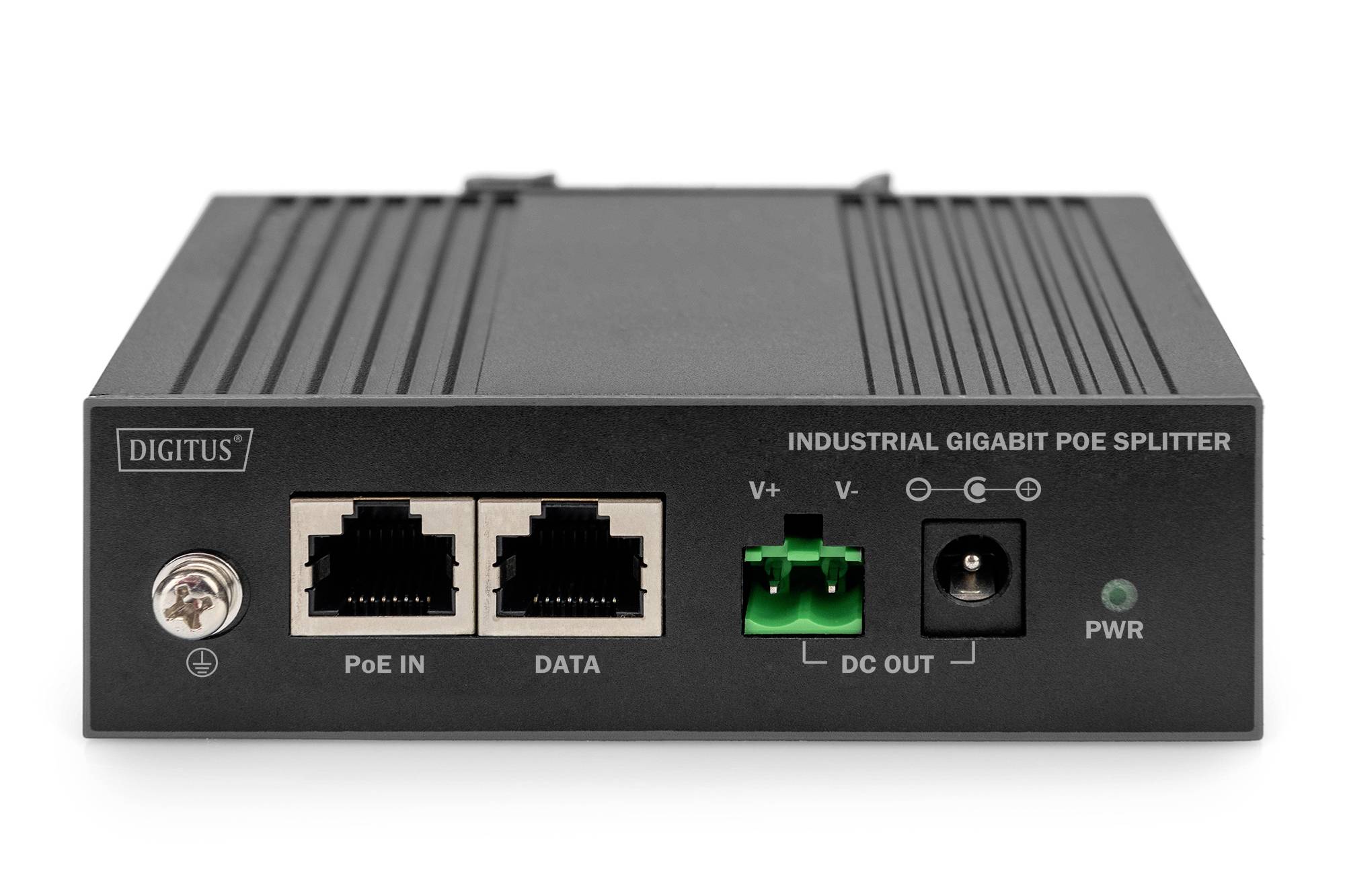 Črn industrijski gigabitni PoE razdelilnik z dvema ethernetskima priključkoma, zelenim DC izhodom in omrežnim priključkom.