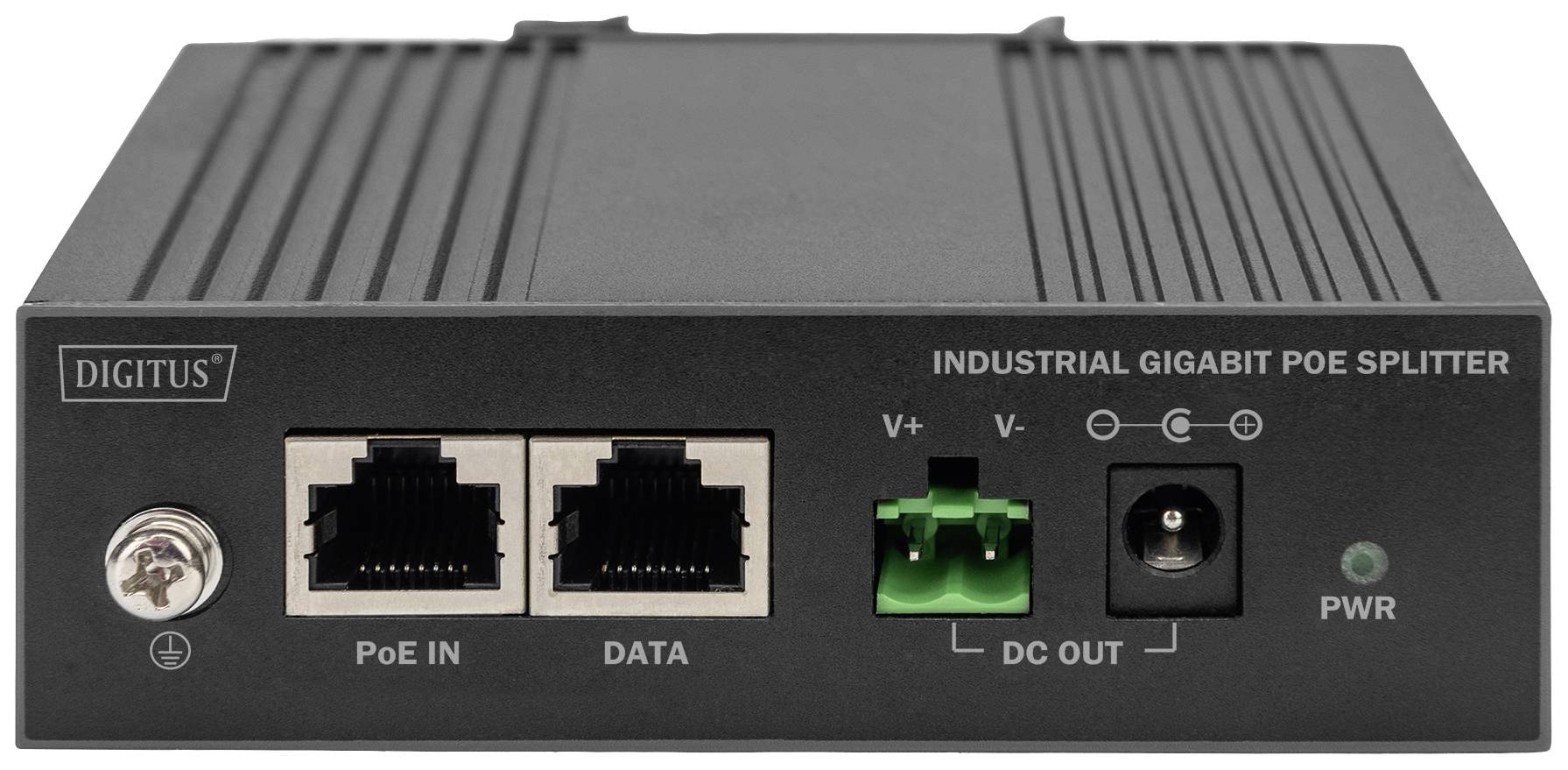 Industrijski Gigabit PoE razdelilnik z priključki za 'PoE IN', 'DATA' in 'DC OUT'. Črno ohišje z LED indikatorjem.