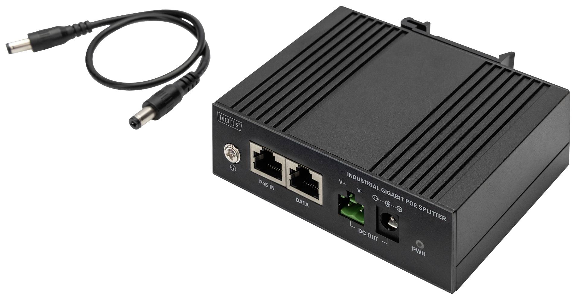 Industrijski Gigabit PoE-delilnik z dvema ethernetoma priključkoma, zelenim ozemljitvenim priključkom in LED-indikatorjem napajanja. Vsebuje napajalni kabel.