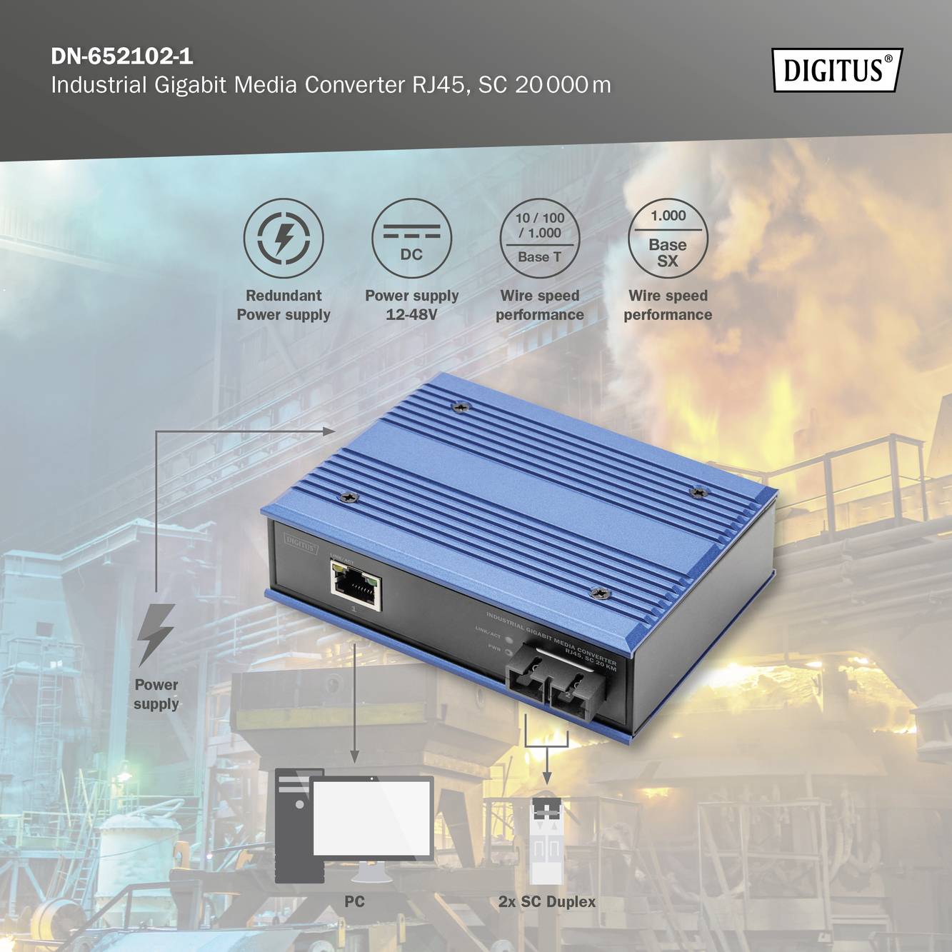 DN-652102-1 Industrijski pretvornik, Gigabit, RJ45, SC, 20000m, prikazuje možnosti priključevanja in prenos podatkov v industrijskem okolju.