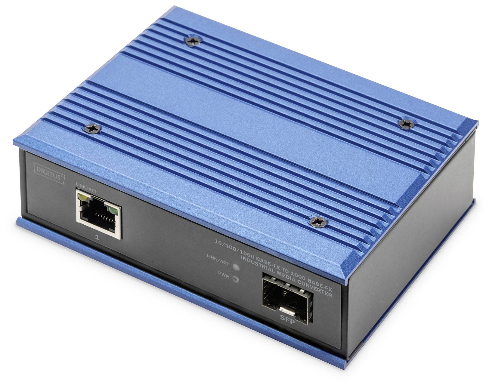 Moder omrežni stikalni element z ethernet in SFP priključkom spredaj.