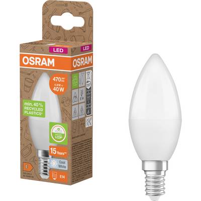 OSRAM LED svečka v embalaži, označena s 470 lm, 4,9 W, enakovredna 40 W, hladna bela, osnova E14, življenjska doba 15 let, 40 % recikliranega plastike.
