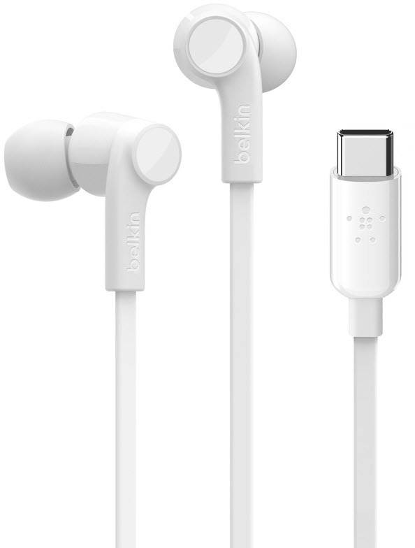 Beli in-ear slušalke z USB-C priključkom, primerni za mobilne naprave. Opremljene so z mehkimi nastavki za ušesa in kompaktnim dizajnom.