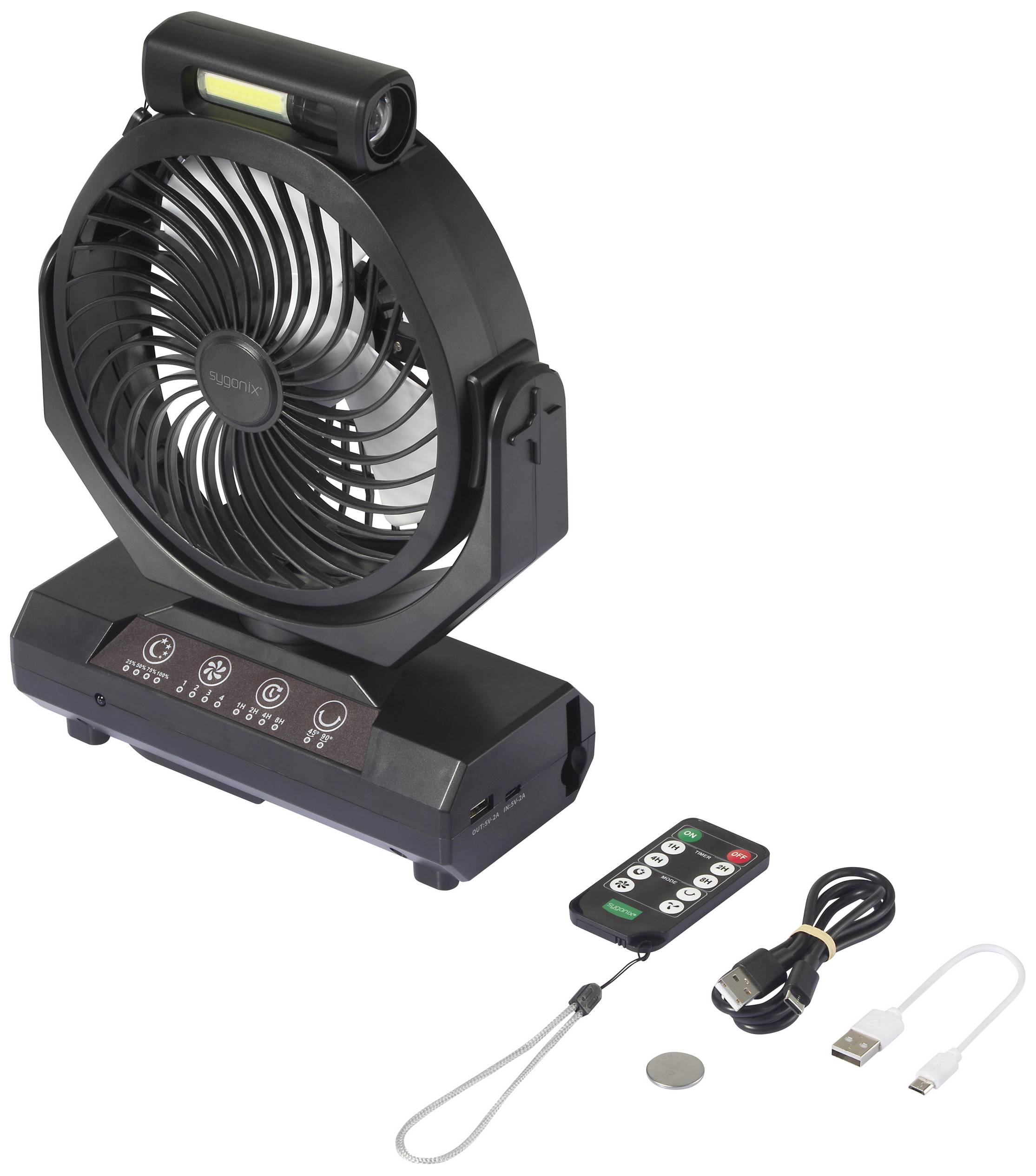 Črn namizni ventilator z LED-lučjo in kontrolnimi gumbi, ob njem ležita daljinski upravljalnik, USB-kabel in zapestni trak.