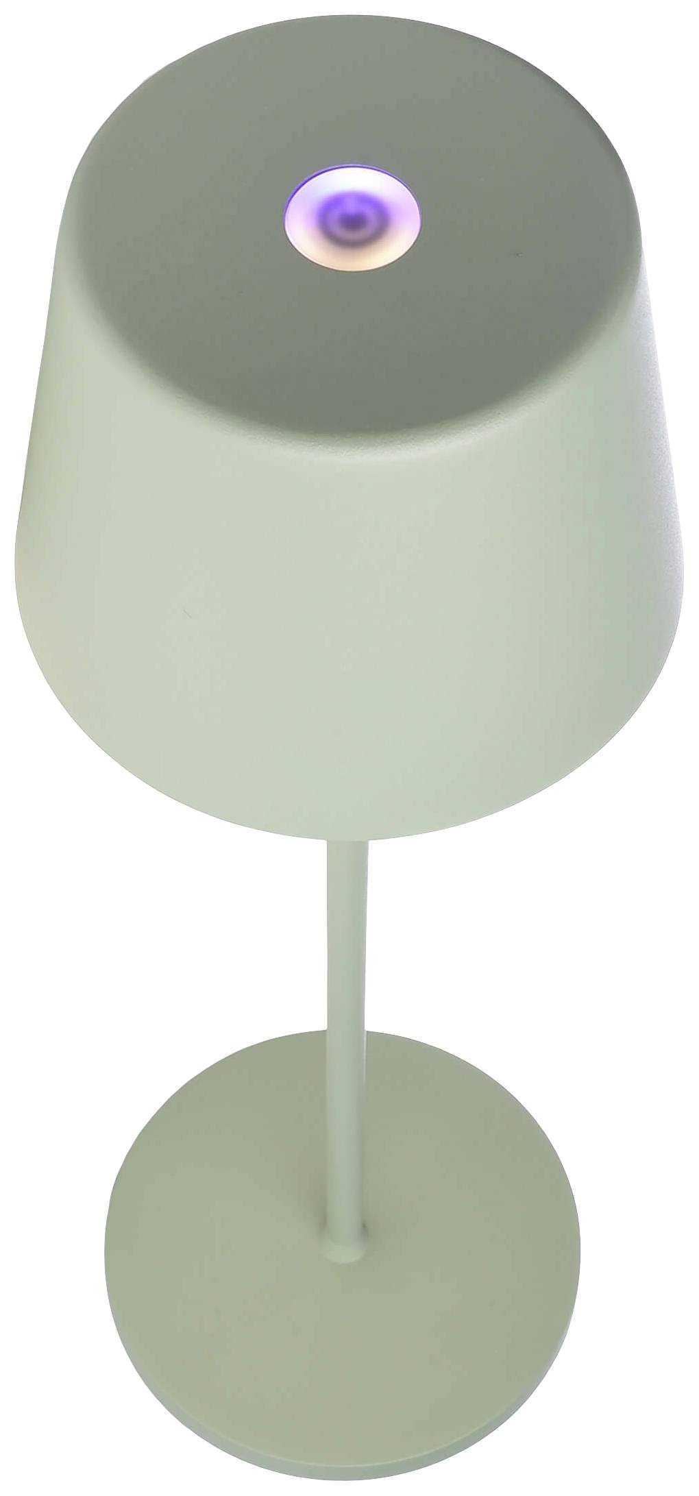 Moderna namizna svetilka z enostavnim, Matt dizajnom v svetlo zeleni barvi, ki na vrhu senčnika zasije vijolično. Idealna za dnevno sobo ali pisarno.