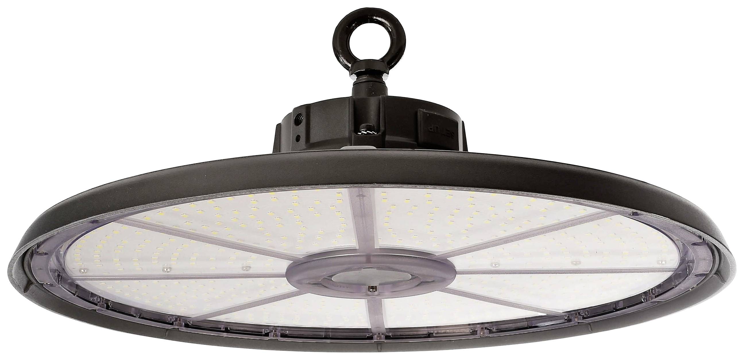 Okrogla črna stropna LED-svetilka z vidnimi LED-točkami, primerna za industrijske ali poslovne prostore.