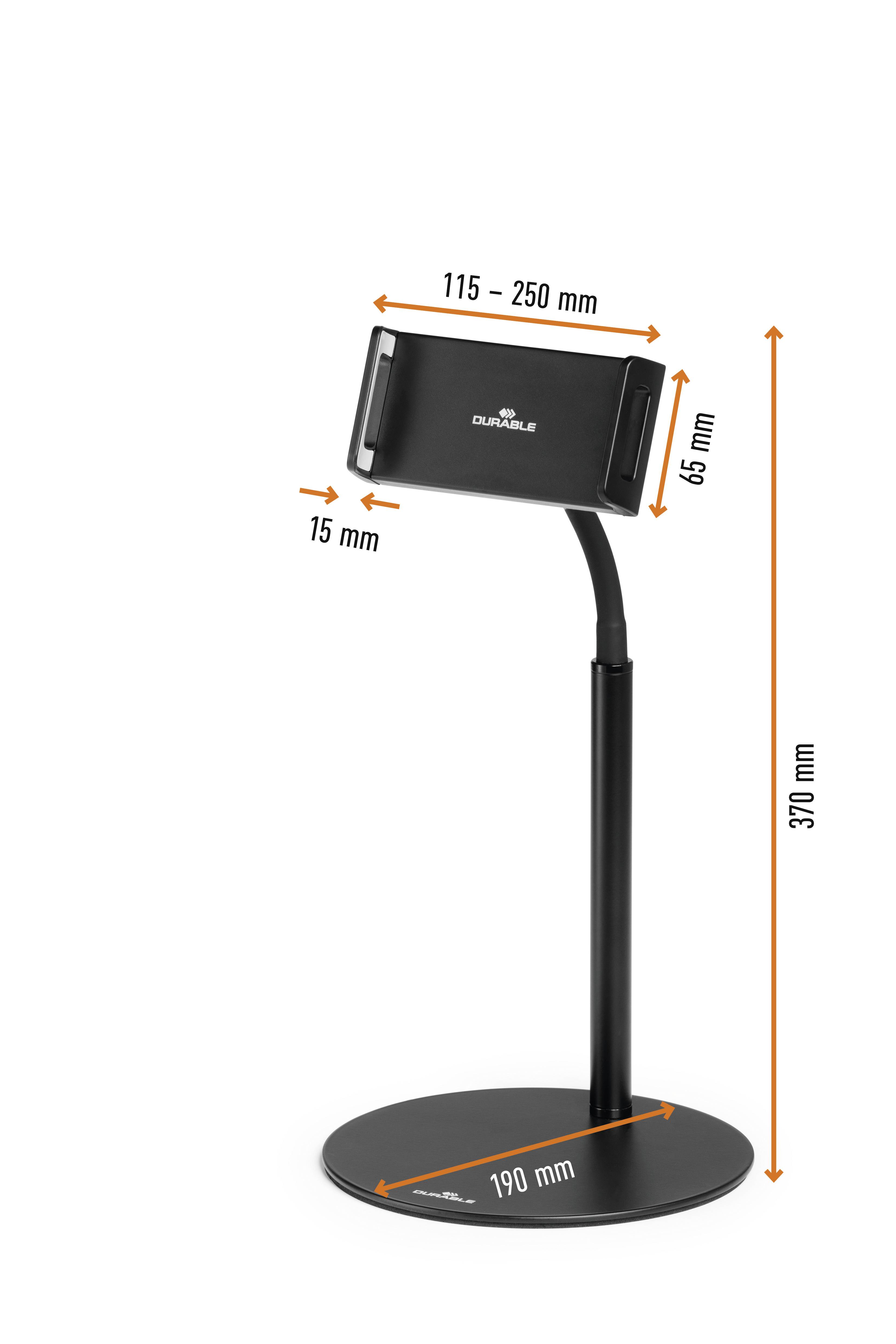 Nosilec za tablice z nastavljivo roko (115-250 mm), višine 370 mm, premer osnovne plošče 190 mm. Primeren za predstavitve.