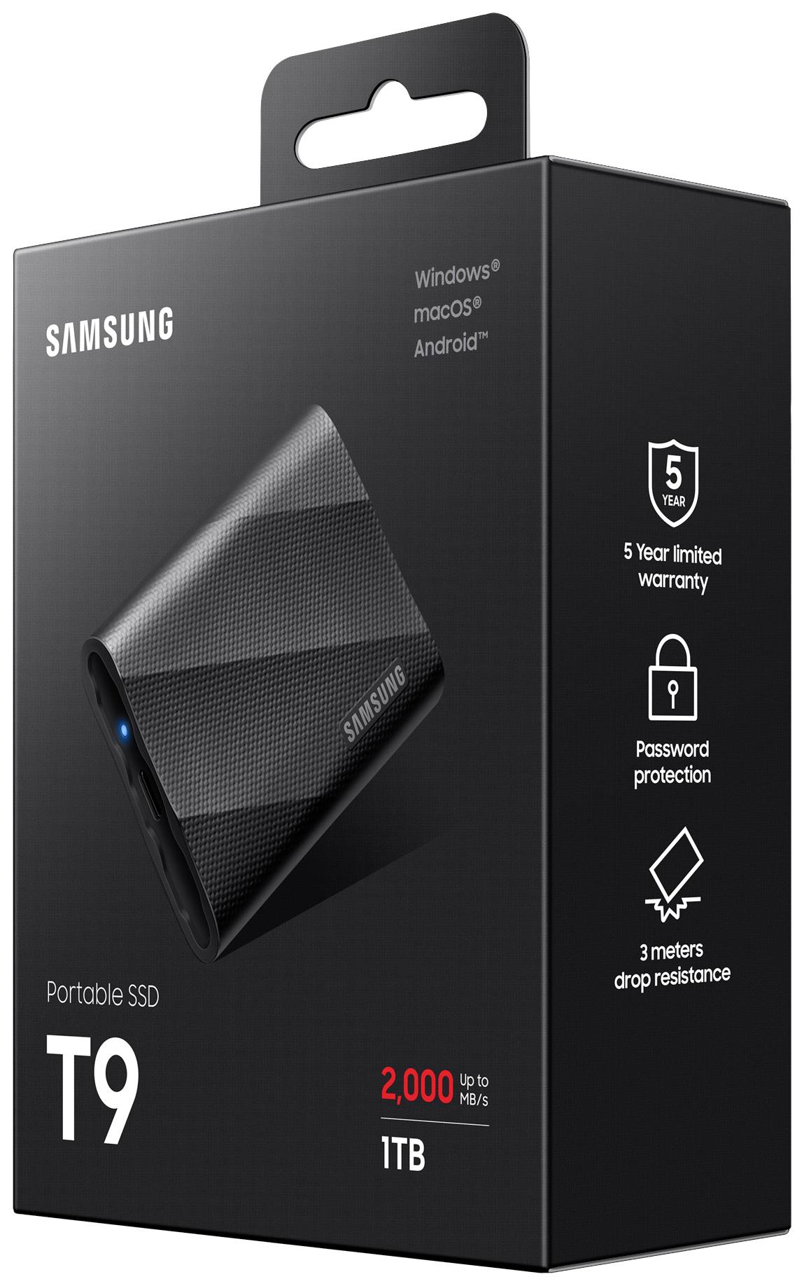 Črna embalaža prenosne Samsung SSD T9 s 1 TB. Natis prikazuje združljivost z operacijskima sistemoma Windows in macOS ter sistemom Android, hkrati pa tudi 5-letno garancijo.