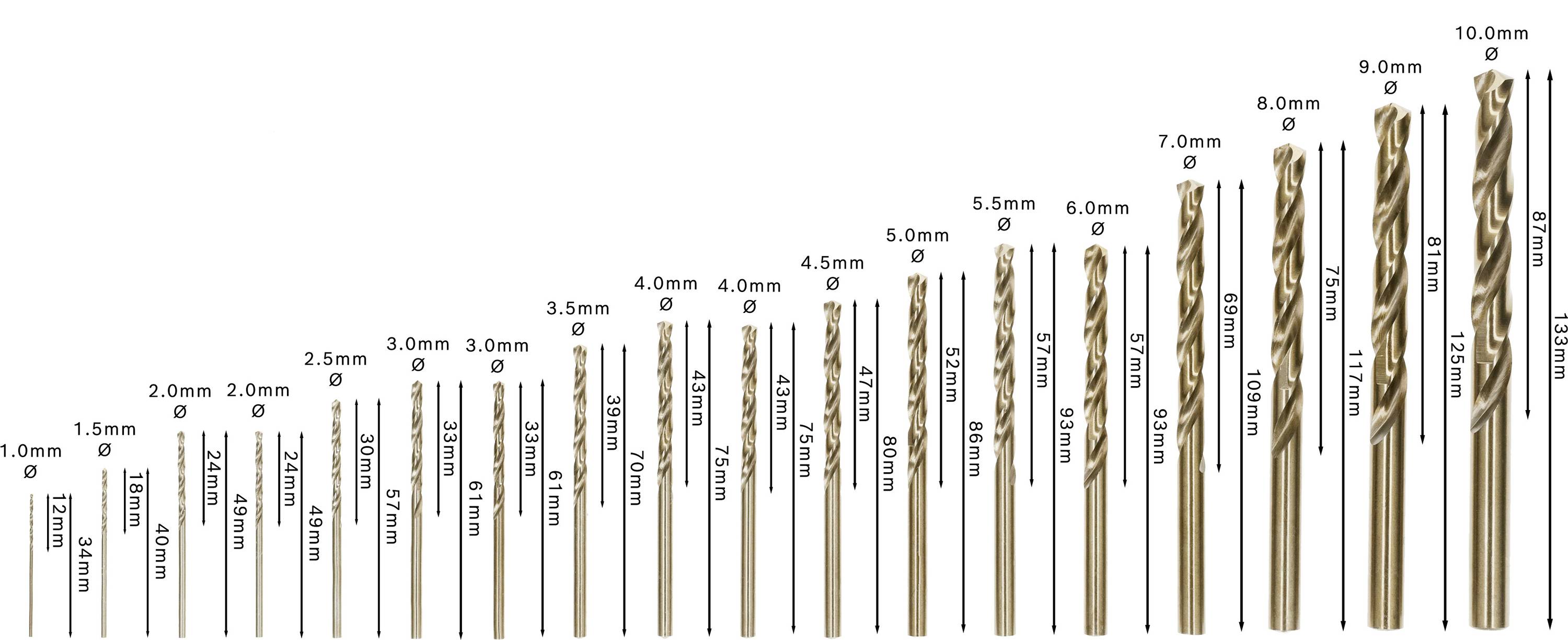 Komplet svedrov v različnih velikostih, razporejenih od 1,0 mm do 10,0 mm v korakih po 0,5 mm, prikazuje postopno povečevanje.