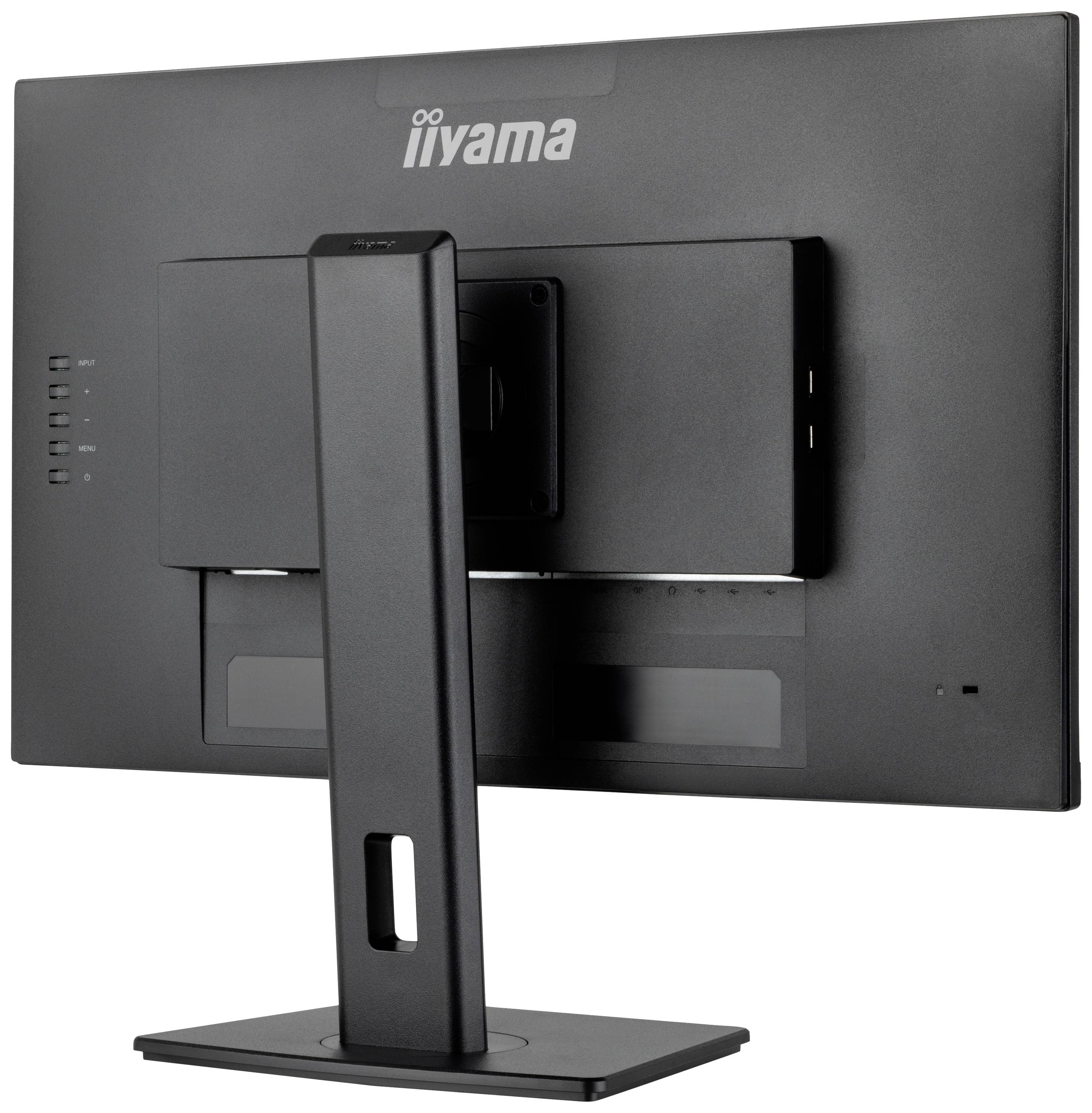 Monitor znamke 'iiyama' od zadaj, pritrjen na stabilnem stojalu. Zaslon ne prikazuje nobene vidne vsebine.