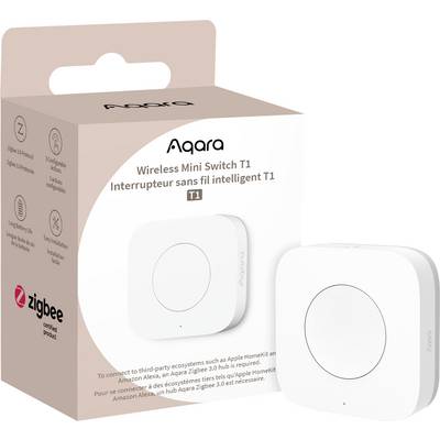 Bela, kvadratna brezžična mini krmilna naprava znamke Aqara. Embalaža prikazuje 'Aqara Wireless Mini Switch T1'. Namenjena omrežjem Zigbee 3.0.