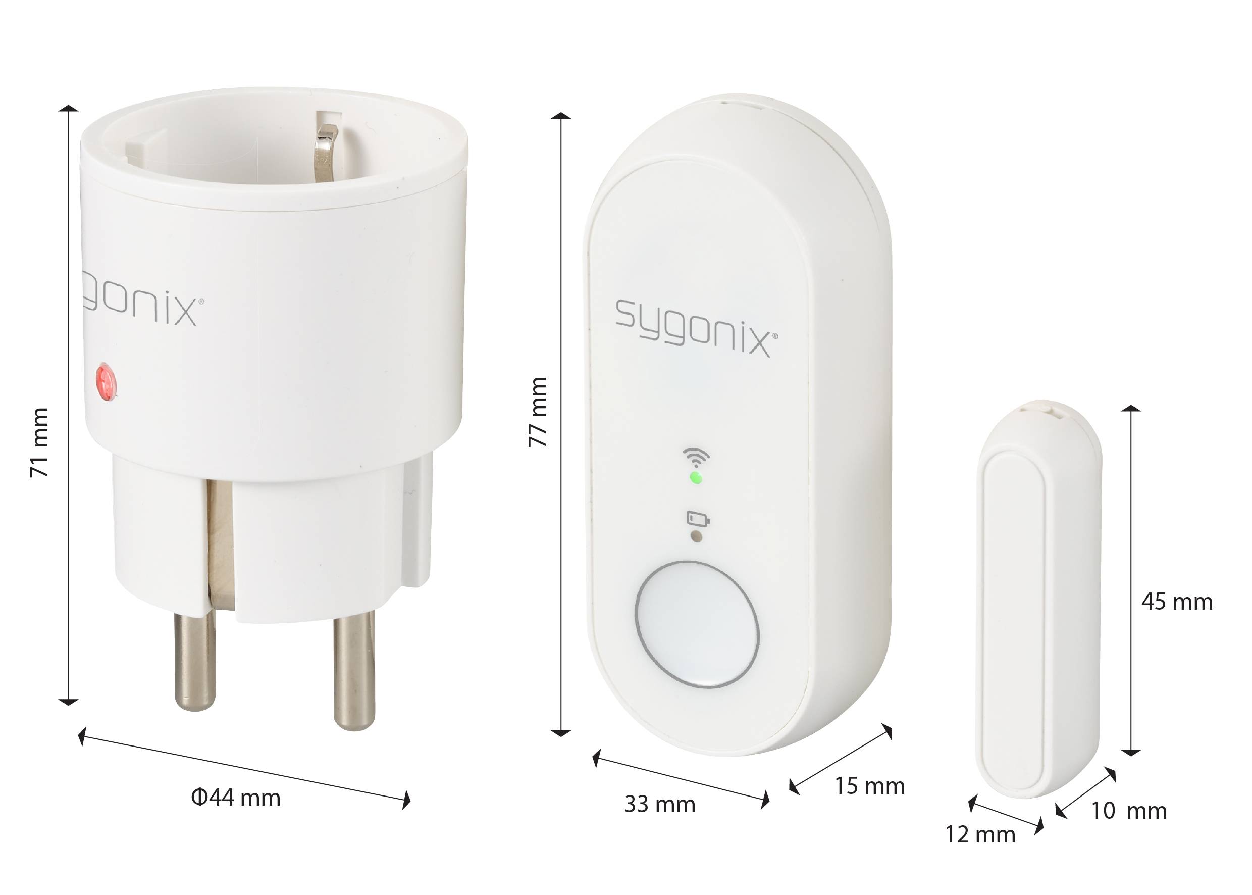 Pametni domači komplet Sygonix s pametno vtičnico, sprejemnikom in senzorjem. Mere: vtičnica 71 mm visoka, sprejemnik 77 mm, senzor 45 mm.