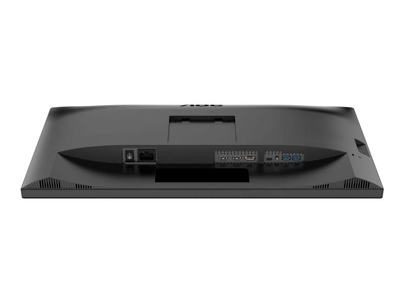 Zadnja stran računalniškega monitorja z vidnimi priključki: HDMI, DisplayPort, USB in omrežni priključek, na belem ozadju.