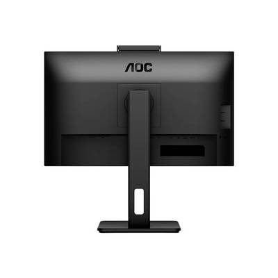 Zadnja stran črnega računalniškega zaslona z blagovno znamko 'AOC' na vrhu. Zaslon je nameščen na pravokotnem podstavku.