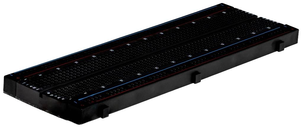 Pravokotna eksperimentalna ploščica z černimi in rdečimi linijami, uporabljena za sestavljanje prototipov elektronskih vezij.