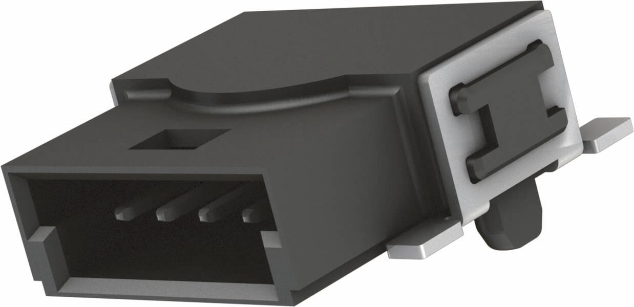 Črn, pravokoten priključni konektor s štirimi kovinskimi sponkami, pogosto uporabljen za električne povezave.
