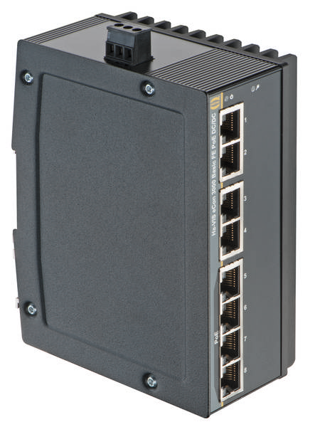 Industrijski Ethernet stikalo s šestimi RJ-45 vrati za priključitev na omrežja, primerno za zahtevna okolja.