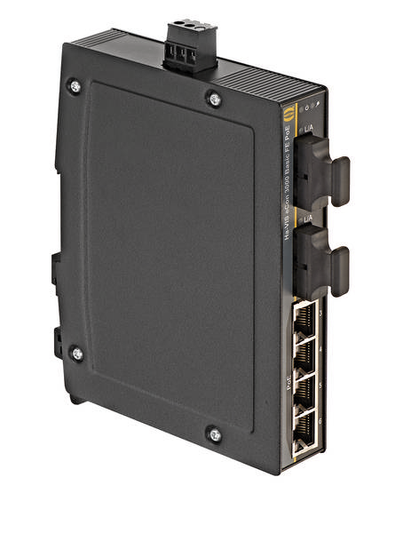 Črna elektronska naprava s štirimi ethernet priključki na strani. Ima robustno zgradbo in je nameščena pokončno.