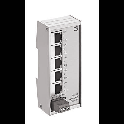 Omrežno stikalo s petimi Ethernet vrati, LED-indikatorji za status in oznakami 'Spd' in 'L/A'. Označeno kot 'Ha-VIS eCon 2000 Basic FE'.