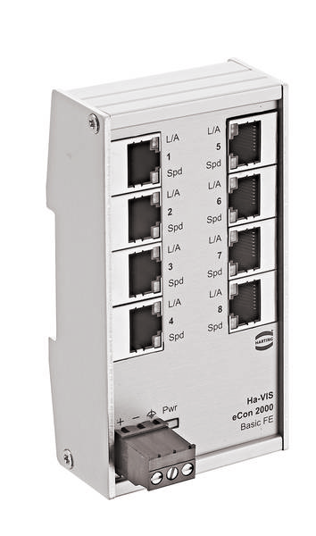 Elektronska vtičnica z osmimi Ethernet vrati, označenimi od 1 do 8, in priključno vrstico za napajanje. Blagovna znamka 'HARTING' spodaj desno.