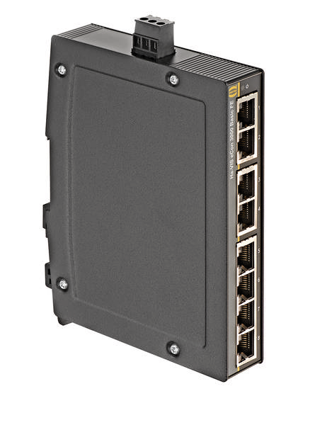 Črn industrijski Ethernet stikalni element z več Ethernet vrati na strani, primeren za montažo v elektromaestnih omaricah.