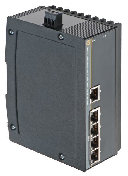 Industrijski mrežni switch s štirimi Ethernet vrati, primeren za robustna okolja. Kompakten dizajn in možnost pritrditve na steno.