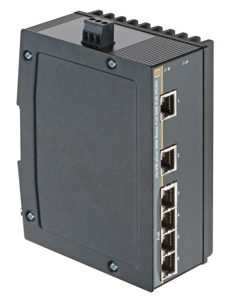 Črn omrežni switch s petimi Ethernet vrati na desni strani. Robust dizajn za industrijske aplikacije.