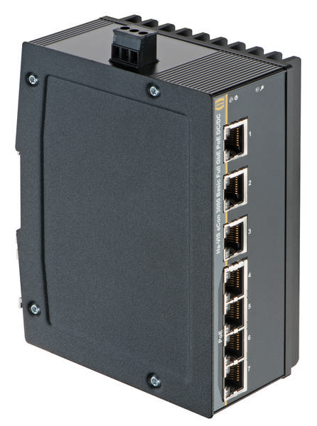 Industrijski Ethernet stikalo s šestimi Ethernet priključki, robustno ohišjem in črnim dizajnom, primerno za zahtevna okolja.