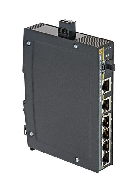 Črn omrežni stikalni element z več ethernet vrati, primeren za industrijske aplikacije. Prikazuje LED-indikatorje in priključke na sprednji strani.