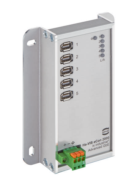 Industrijski Ethernet stikalo s petimi USB priključki in LED indikatorji. Model Ha-VIS eCon 2000, primerno za stensko montažo.