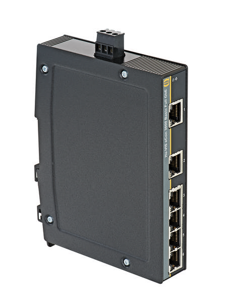 Industrijski Ethernet stikalo s šestimi Ethernet vrati na črni ohišju, primerno za robustne omrežne povezave.