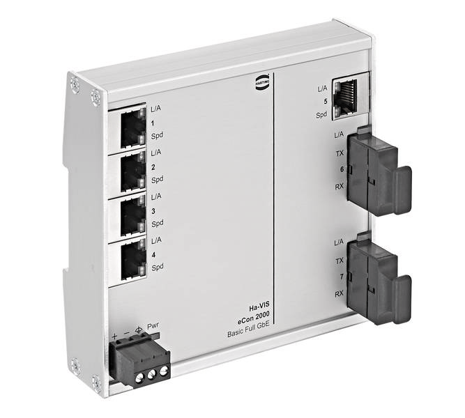 Industrijski Ethernet stikalo z več vrati za omrežne povezave, prikazuje statusne lučke in priključke za optične kable.