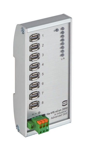 Srebrn industrijski Ethernet stikalni (kommutacijski) element z osmimi RJ45 priključki. Na sprednji strani so LED indikatorji za vsak posamezen priključek in napajanje.