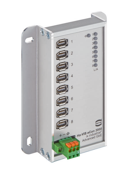 Srebrn omrežni stikalni element z osmimi USB-priključki in LED-indikatorji za povezavo in aktivnost, primeren za industrijske aplikacije.