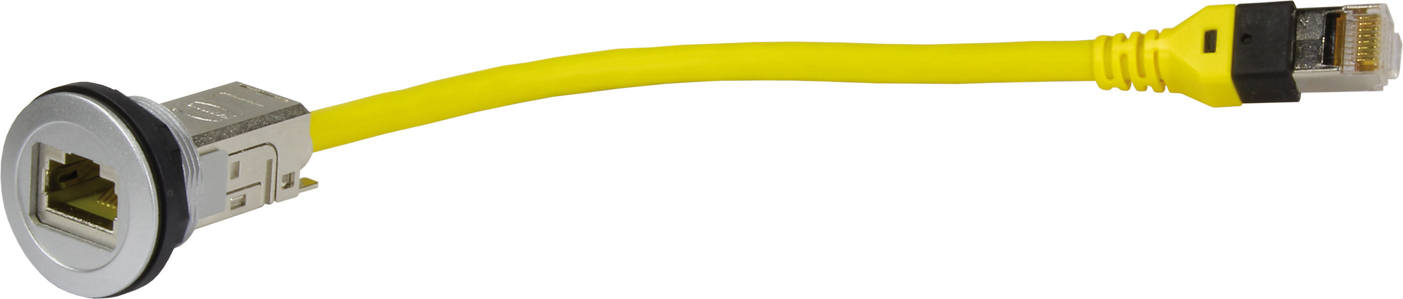 Rumeno omrežno kabel z dvema ethernet priključkoma: Levi priključek je vgrajen v vtičnico, desni priključek je ločen.