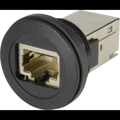 En sam RJ45 omrežni priključek v okroglem črnem okvirju, primeren za ethernet kabelske povezave.
