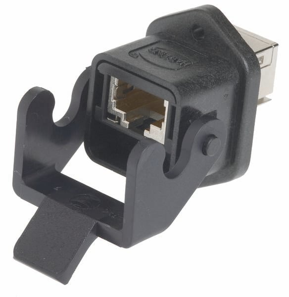 Industrijska USB vtičnica s črnim plastičnim ohišjem in pokrovom za zaščito, primerna za trdne in varne povezave v strojih.