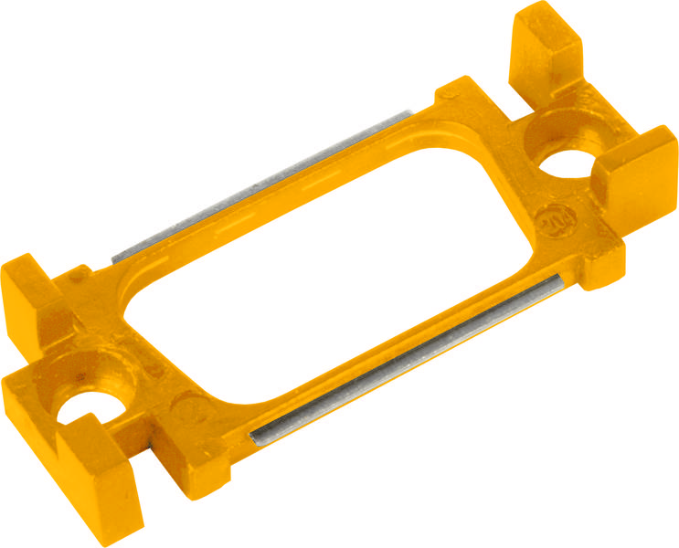 Rumena plastična komponenta z dolgim pravokotnikom v sredini, obdana s štirimi simetričnimi držali na vogalih.