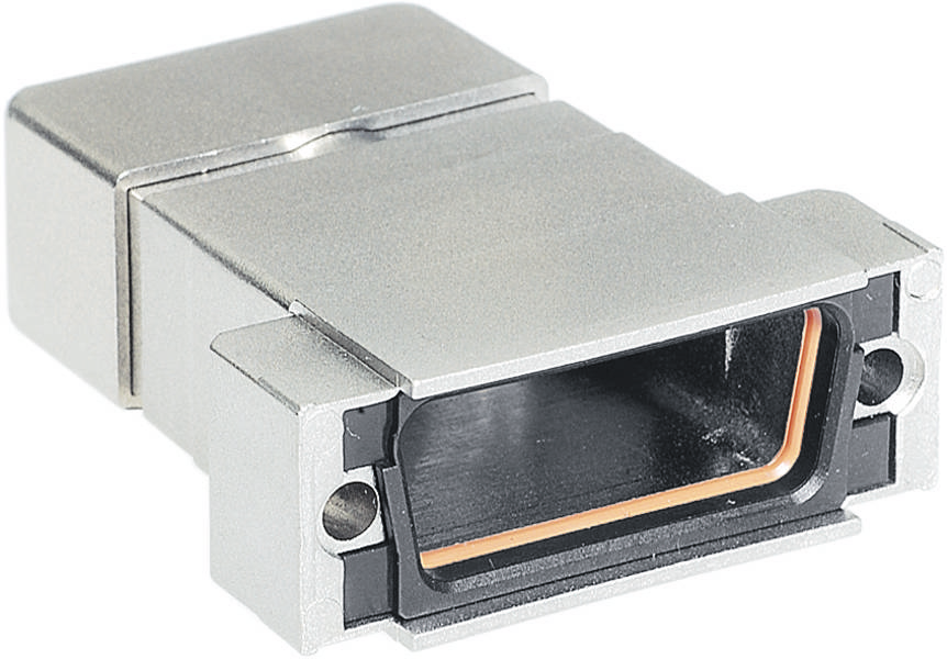 Kovinski HDMI-adapter, srebrne barve, pravokotne oblike z odprtim priključnim koncem in oranžnim robom v notranjosti.