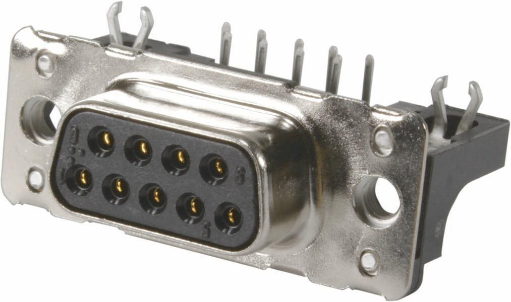 Podatkovni povezovalni vtič z devetimi priključki, pravokotno kovinsko ohišje in pritrdilnimi luknjami na straneh.