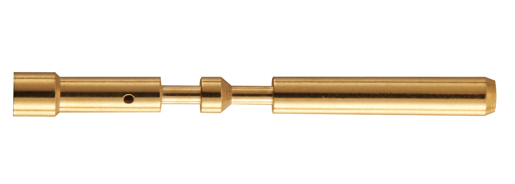 Okrogel, zlat kovinski žebelj z več povezovalnimi deli, potencialni sestavni del mehanizma ali orodja.