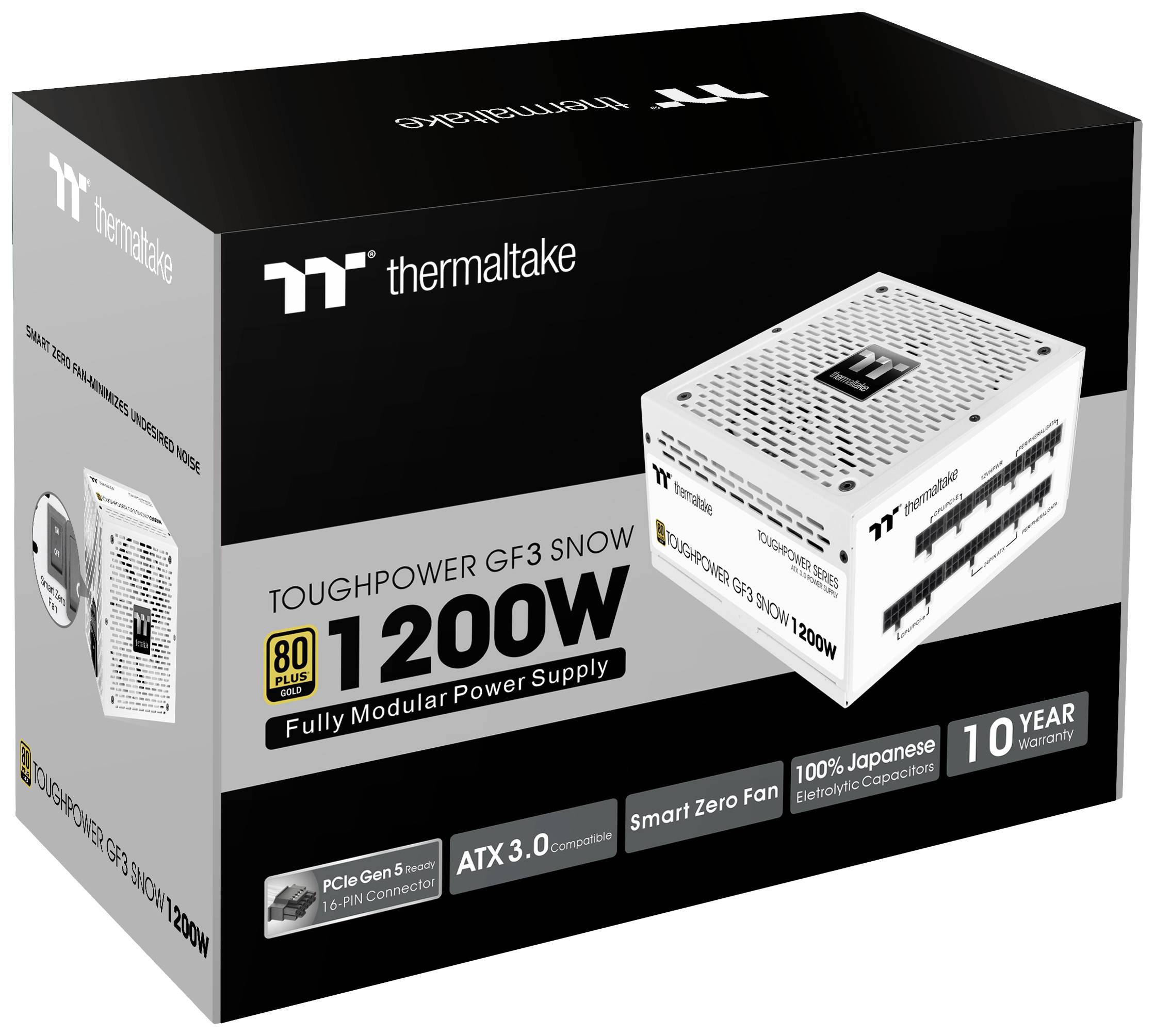 Prikaz embalaže popolnoma modularne 1200W napajalne enote znamke Thermaltake 'TOUGHPOWER GF3 SNOW', s certifikatom 80 Plus Gold.