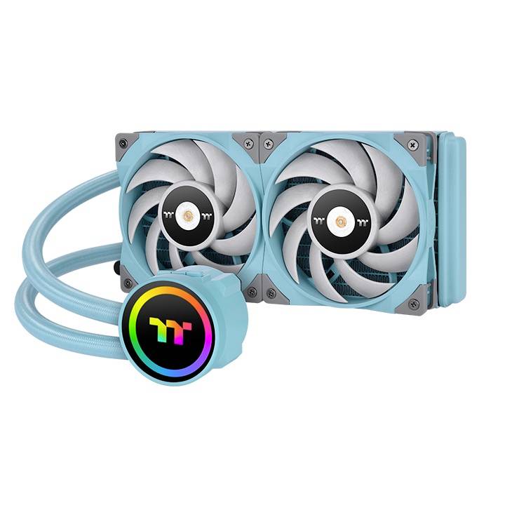 Turkizna vodna hlajenje CPU z dvema ventilatorjema in osvetljenim logotipom na črpalki. Dizajn ventilatorja z izrazitim barvnim kontrastom.