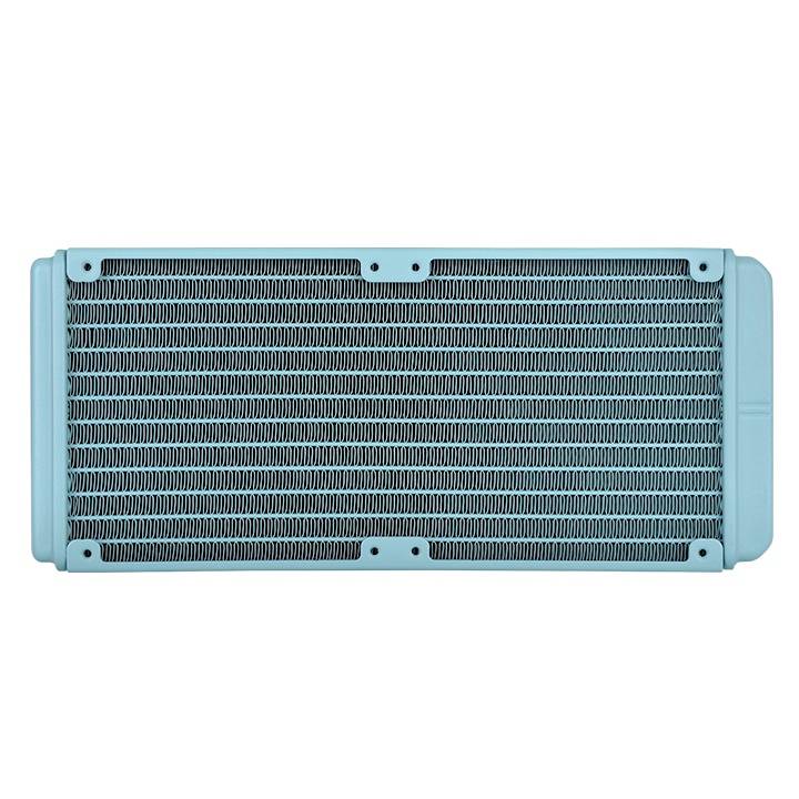 Pravokoten radiator z modrimi stranicami in črnimi prezračevalnimi režami, uporabljen za hlajenje elektronskih naprav ali strojev.