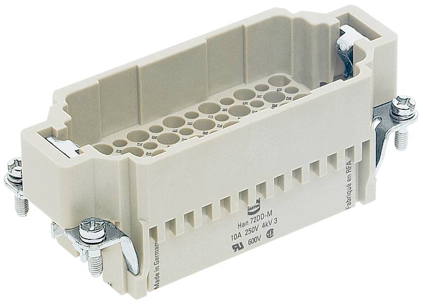 Pravokoten električni priključek, bež barve, s vijačnimi sponkami na stranicah, za električne povezave. Oznake: '10A 250V', '600V'.